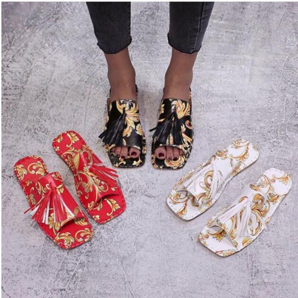 

slippers fringe rome casual 2021 spring autumn flats designer pu leather flip flops outdoor slides mujer shoes sandals, Black