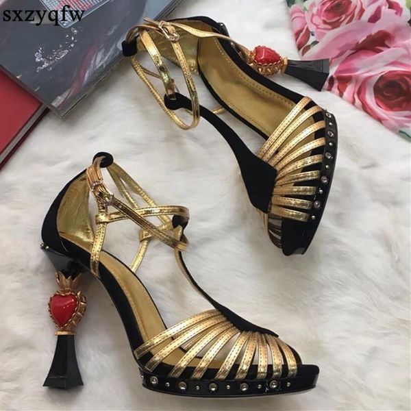 

sandals genuine leather strange heart-heel women summer peep toe jewel high heel gladiator shoes party wear brand, Black