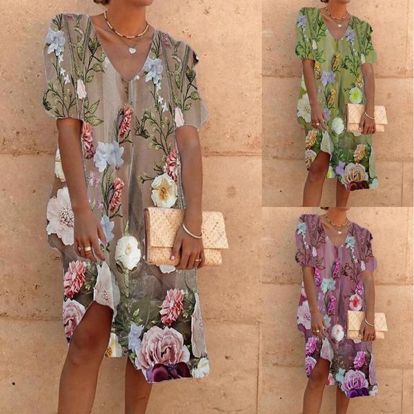 

women's swimwear summer boho print sundress beach holiday dress fashion bubble sleeve cotton linen v-neck casual loose, White;black