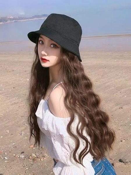 

summer hat one wig female long hair fashion cute wool roll natural net red full head cover, Black;brown