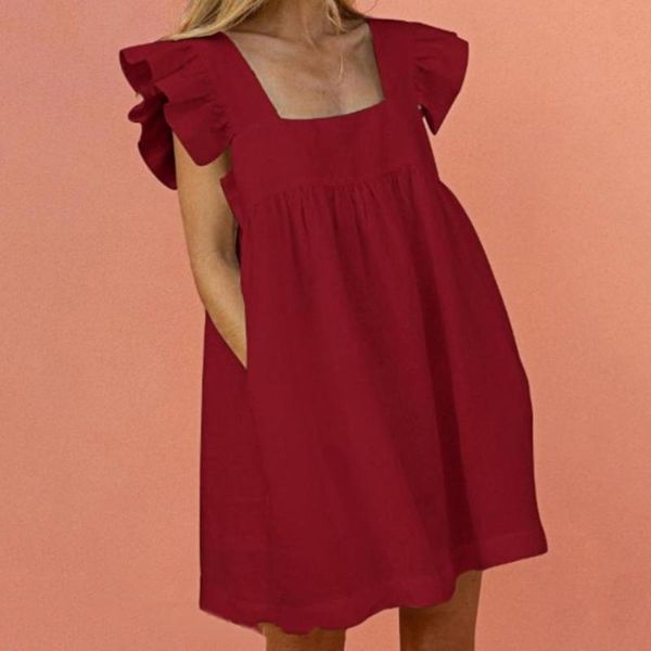 

casual dresses square neck mini dress ruffle sleeve solid color large hem pockets women summer elegant clothing vestidos, Black;gray