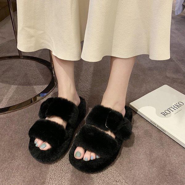 

winter women fur slipper casual warm non slip flats platform soft slides female home house indoor on ladies shoes slippers, Black