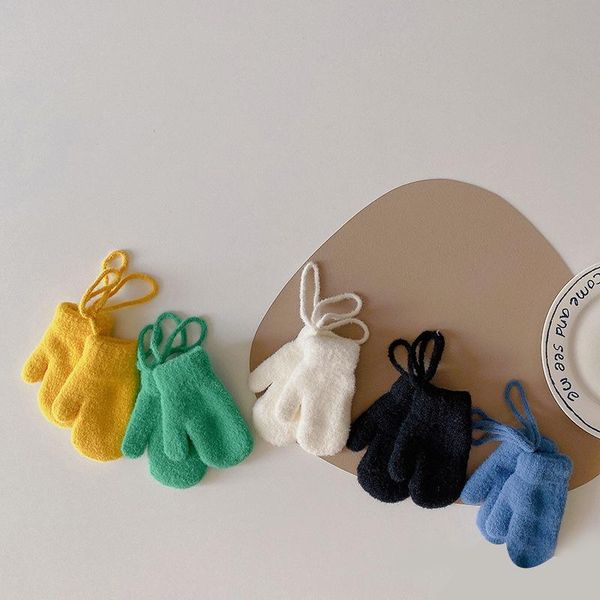 

children's mittens gloves knitted 1-3y kids baby girls boys children cute solid winter thicken fleece keep warm knitting accessories, White