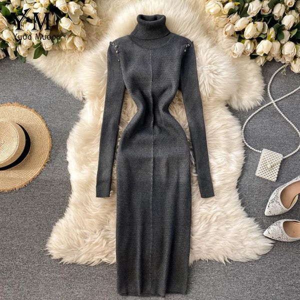 

casual dresses yuoomuoo winter turtleneck warm buttons long sleeve solid all match stretch midi bodycon knit sweater dress women clothing, Black;gray