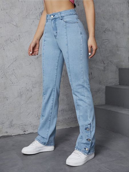 

slant pocket button hem jeans k7ze#, Blue