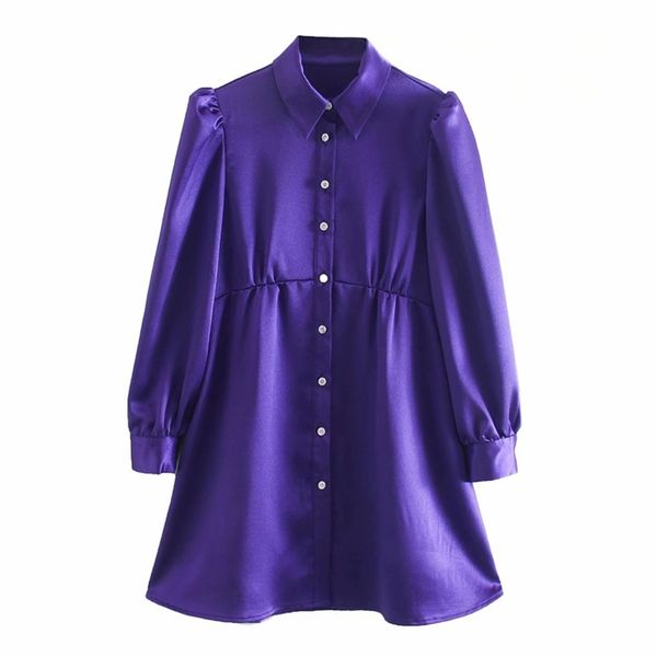 

summer women vintage mini dress long sleeve turn-down collar satin solid shirts es female elegant a-line vestido 210513, Black;gray