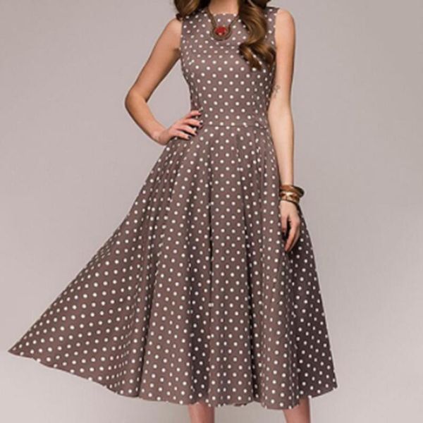 

casual dresses lady sleeveless o-neck dress summer vintage vestidos women polka dot swing party mid-calf midi robe female, Black;gray