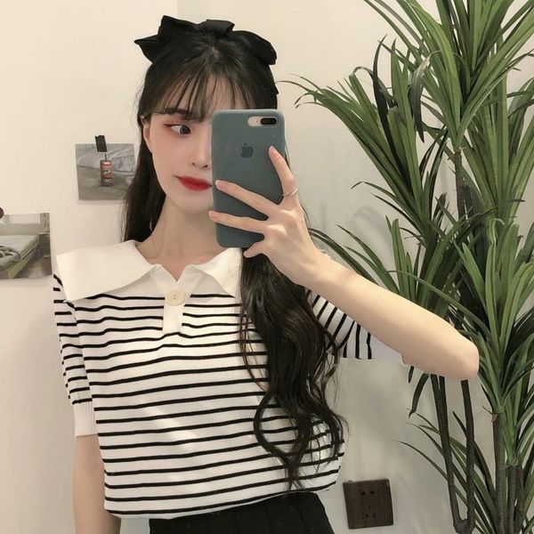 

women's t-shirt summer korean style slim striped short-sleeved knitted women, White