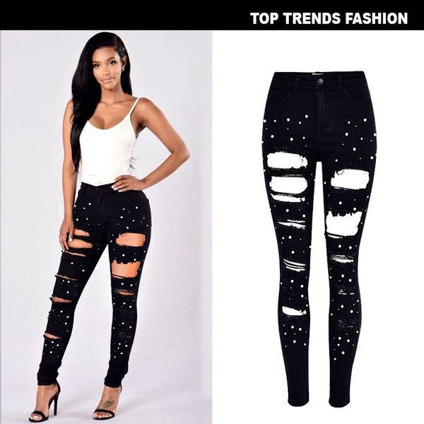 

women's high waist slim fit elastic irregular two-color studded pearl denim leggings washed holes large, Blue
