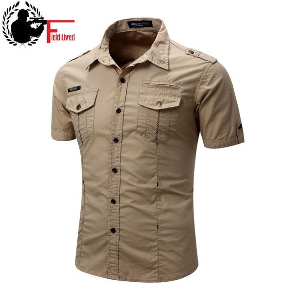 Erkek gömlek kısa kollu kargo gömlek moda rahat yaz üniforma askeri tarzı pamuk katı erkek rahat gömlek haki gri 210518