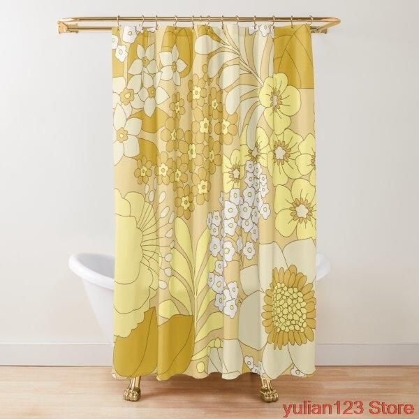 

yellow ivory and brown retro floral pattern shower curtains frabic waterproof polyester bath curtain with hooks