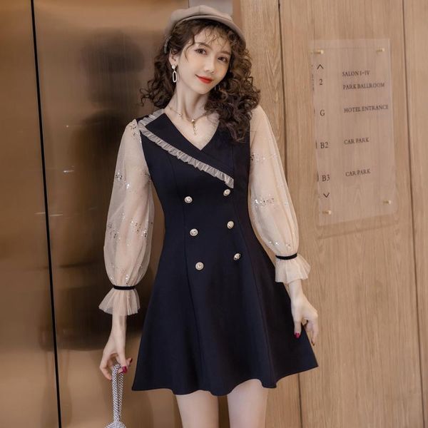 

casual dresses spring and summer style vintage high waist dress elegant mesh patchwork lapel temperament, Black;gray