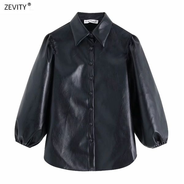 

women vintage pu leather lantern sleeve black blouses shirts chi single breasted casual blusas retro chemise ls4177 210419, White