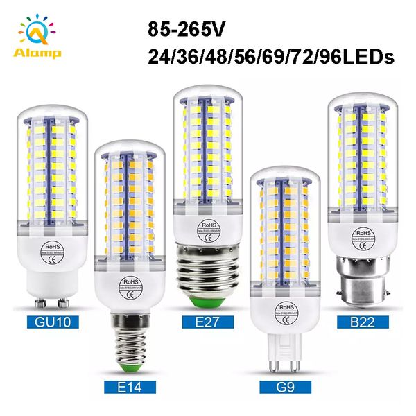 Lâmpadas de vela LED 24/36 / 48/56/69/72 / 96LEDS E27 E12 E26 E14 GU10 G9 B22 Bulbo de milho para iluminação interna