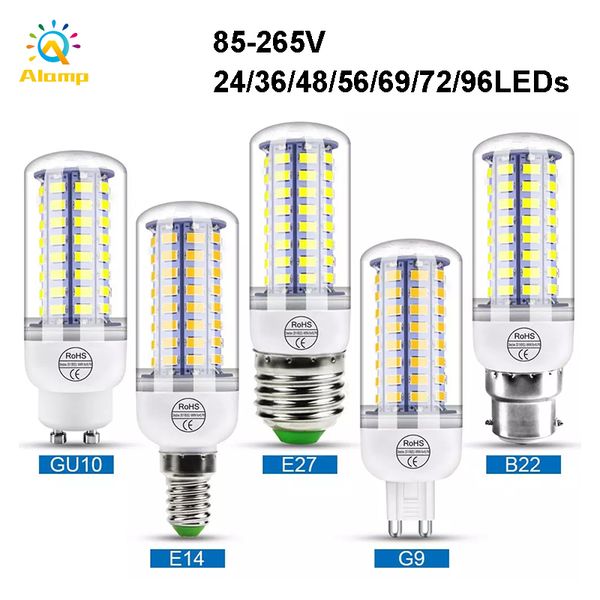 Светодиодные луковицы светодиодные 24/36/48/56/69/72 / 96LEDS E27 E12 E26 E14 GU10 G9 B22 мозоль для внутреннего освещения