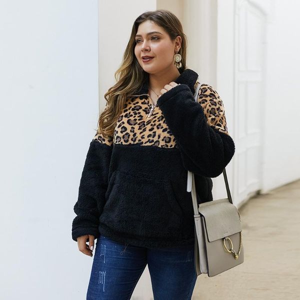 

plus size t-shirt furry coat women's autumn wiinter 2021 leopard print stitching sweatershirt for ladies casual all match, Black