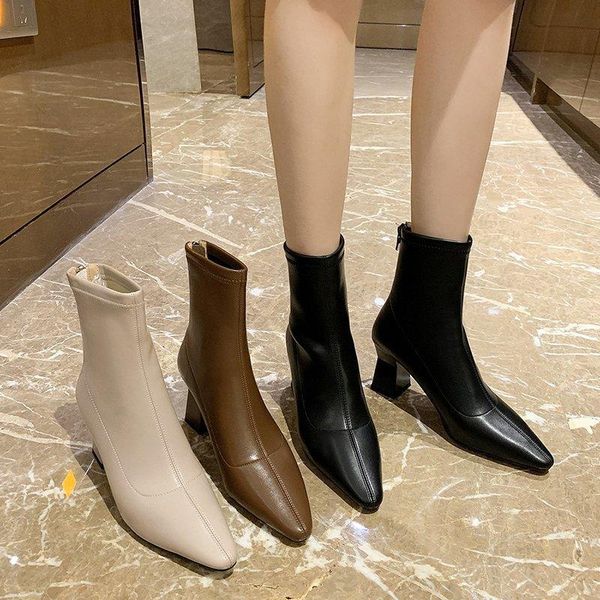 

retro thick heel short boots women's autumn and winter casual pointed toe mid-heel zipper elastic fashion, Black