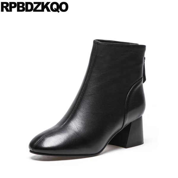 

boots autumn fur designer size 4 2021 short chunky booties genuine leather black women ankle medium heel shoes square toe winter