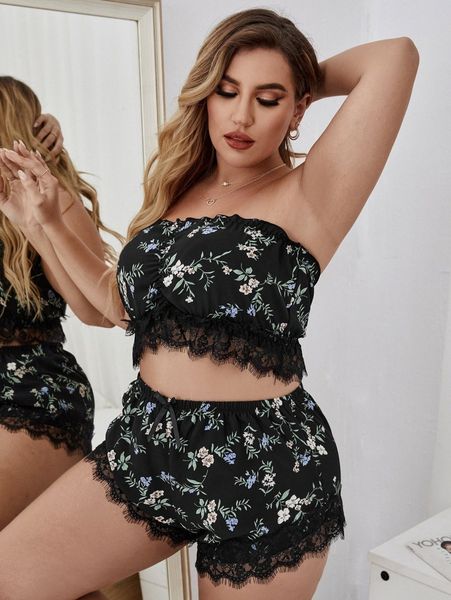 

plus floral print lace trim bandeau lingerie set m3zo#, Black;white