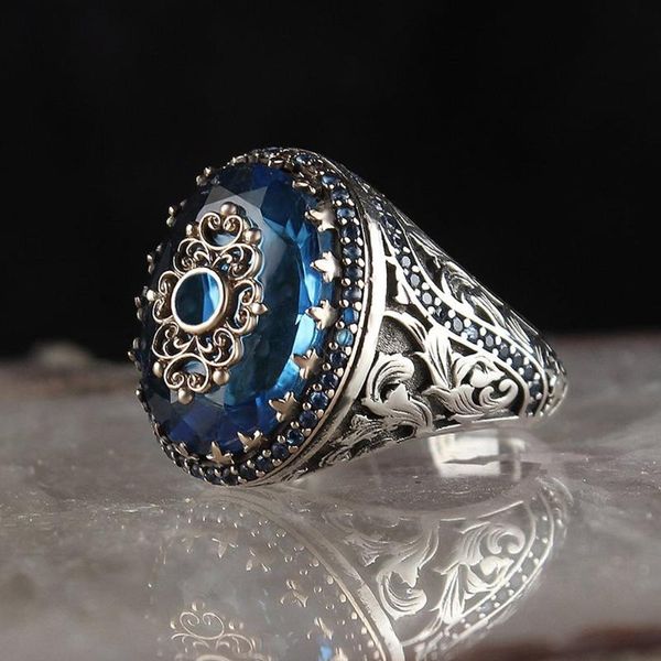 

wedding rings handmade business domineering retro turkish ring men women antique silver color carved inlaid blue zircon biker party punk, Slivery;golden