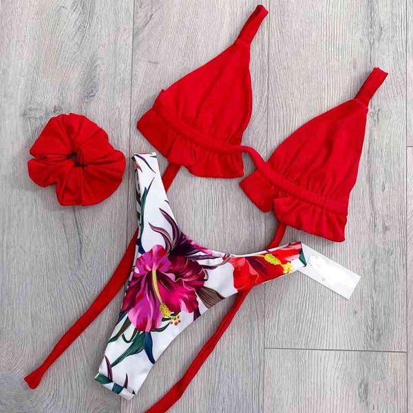 

2021 tropical printed bikini with hairband, White;black