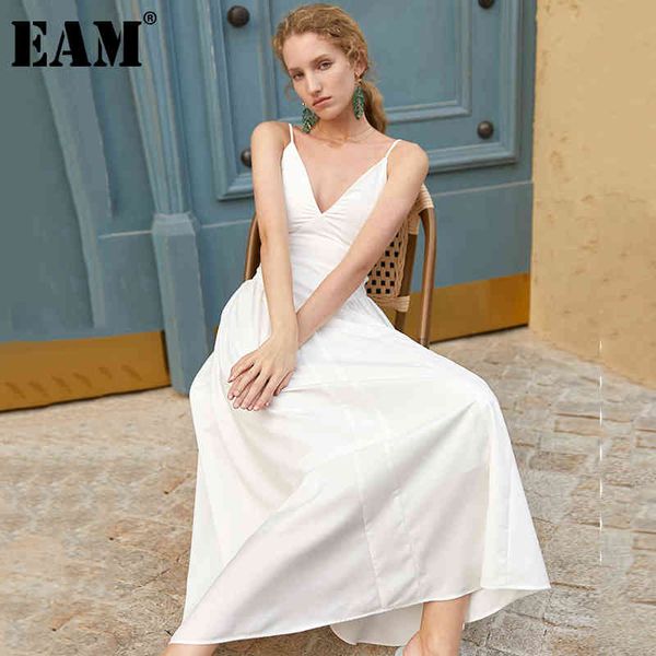 

[eam] women white temperament long sling strapless dress vneck sleeveless loose fit fashion spring summer 1dd8054 210512, Black;gray