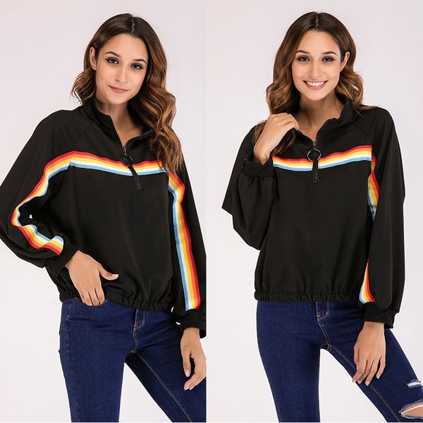 

trendy iadies' sweaters women's neckline zipper long sleeve sweaterhoodies, Black