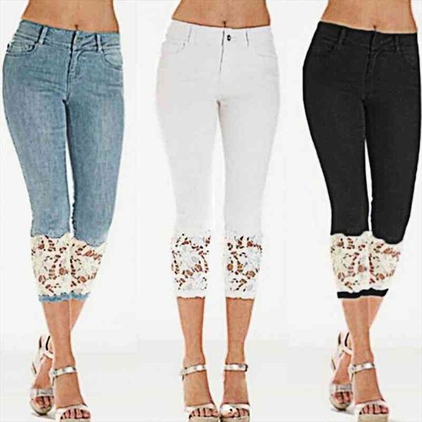 

summer denim skinny capri women jeans pants high waist cropped trousers slim casual pantalon female capris lace, Blue