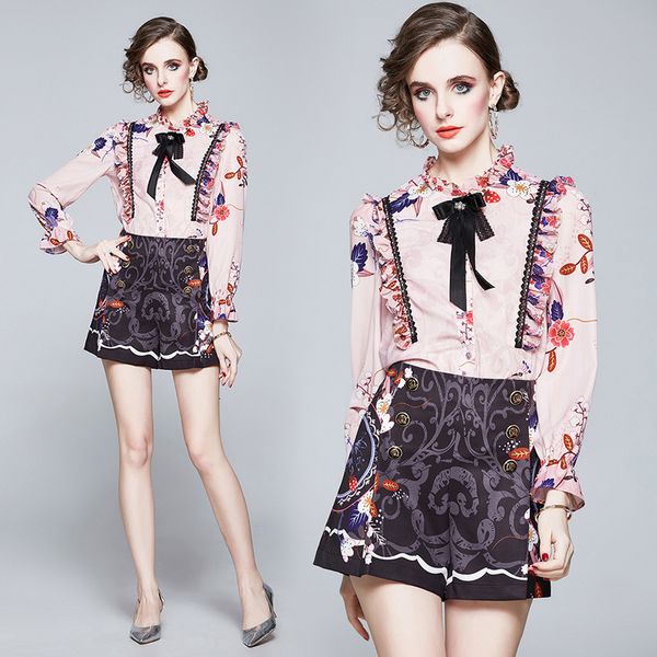 

women's tracksuits hepburn style age reduction women's spring print shirt shorts two-piece high-waist b4ru, Gray