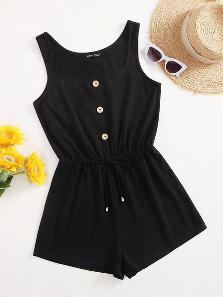 

drawstring waist button front tank romper h9af#, White