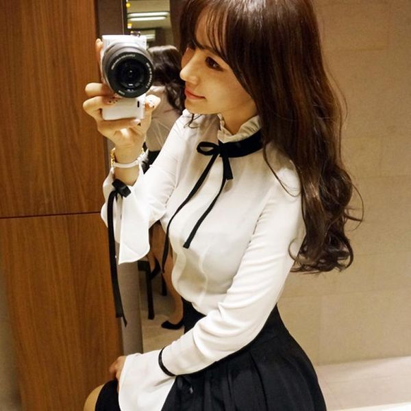 

women's blouses & shirts dingaozlz spring 2021 ruffles women blouse fashion slim ol white shirt sweet bow long sleeve casual blusas
