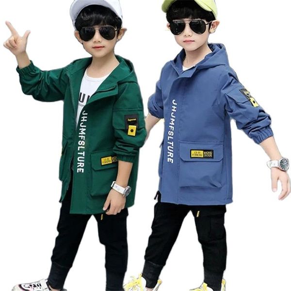 

spring & autumn polyester jacket for boy new 2021 korean version windbreaker fashion hooded collar mid-length childrens clothing, Blue;gray