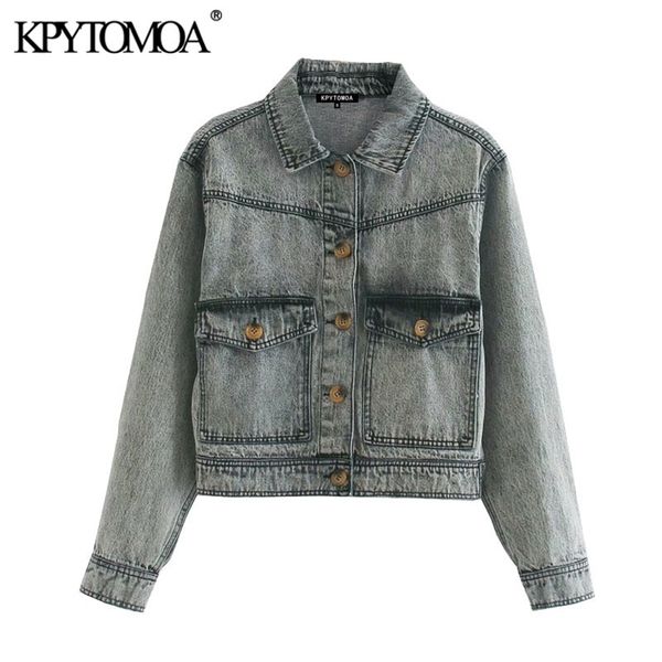 

women fashion acid wash cropped denim jacket coat vintage long sleeve pockets female outerwear chic 210420, Black;brown