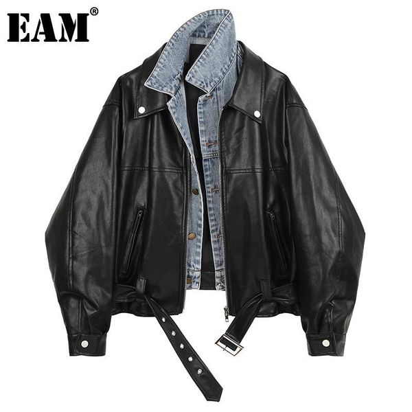 

women's jackets [eam] loose fit denim big size pu leather jacket lapel long sleeve women coat fashion tide autumn winter 2021 1dd4356, Black;brown