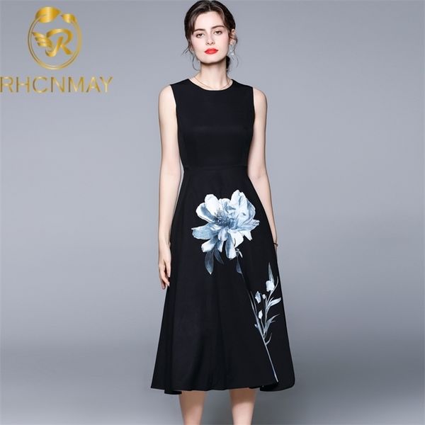 

designer runway summer dress women o-neck fashion sleeveless high waist floral print black elegant midi 210520, Black;gray