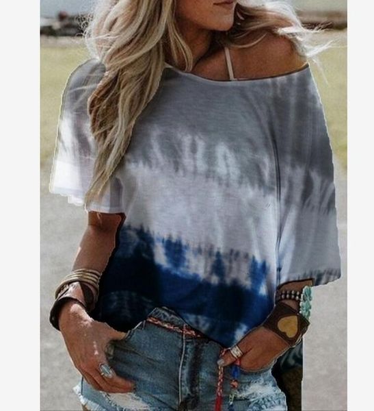 

women's t-shirt donsignet fashion summer round neck pullover strapless gradient color bat sleeve short plus size, White