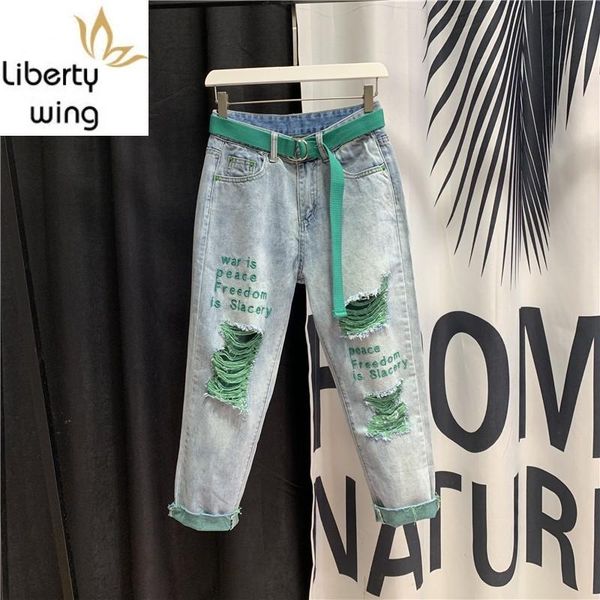 

women's jeans chic summer women ankle length denim street ripped hole high waist loose fit hip hop harem pants green s-xl, Blue
