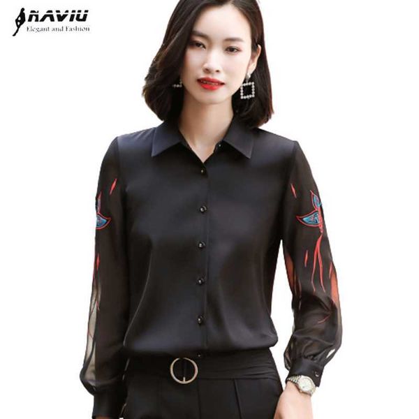 Besticktes Seidenhemd Frauen Langarm Design Temperament Mode Schwarz High-End-Blusen Büro Damen Formelle Arbeitsoberteile 210604