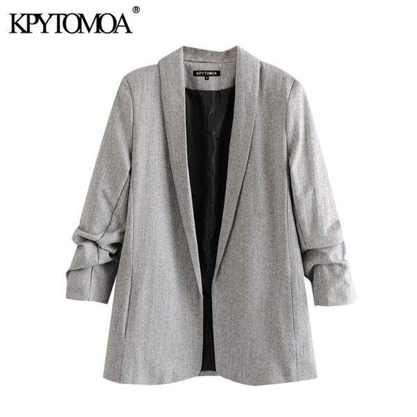 Frauen Mode Büro Tragen Blazer Mantel Vintage Kerb Kragen Gefaltete Lange Hülse Weibliche Oberbekleidung Chic Tops 210416