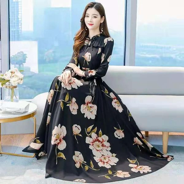 

casual dresses temperament dress goddess model 2021 spring and autumn large size slim waist long sleeve big swing floral chiffon, Black;gray