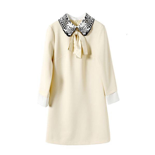 

casual dresses fall autumn long sleeve peter pan neck black / ivory ribbon tie bow embroidery knee-length dress elegant no22209299 5xfa, Black;gray