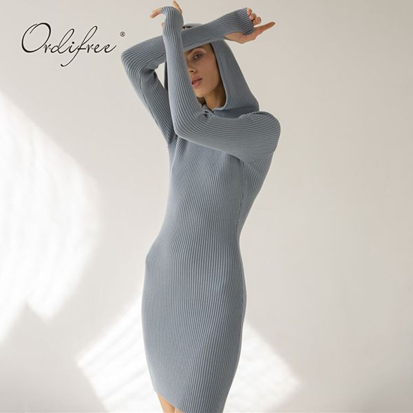 

autumn streetwear women knitted long sleeve short bodycon hooded sweater dress 210415, Black;gray