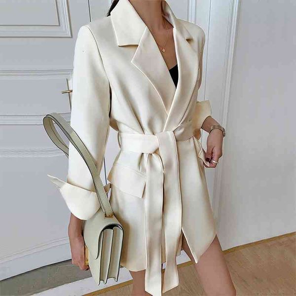 

women's wool & blends spring jackets elegant white black office wear with belt suit blazer coat long sleeve ladies for women uq53