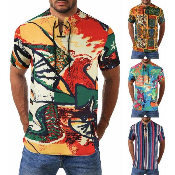 

men fashion personality summer v neck short sleeve scrawling print bandage shirt 6 styles casual trendy men's shirts, White;black