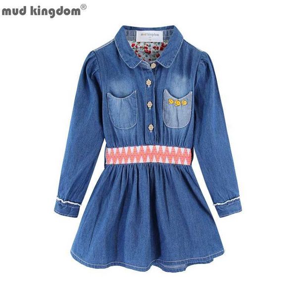 

mudkingdom cinch waist jean dress for girls long sleeve button down little girl clothes toddler dresses spring autumn fashion 210615, Red;yellow