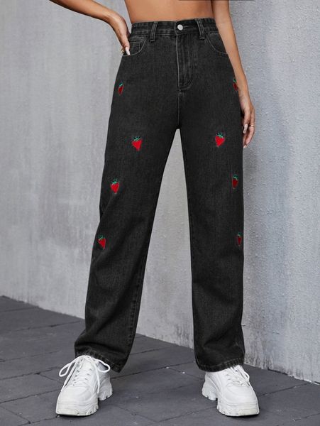 

high waist strawberry embroidery straight leg jeans j8i1#, Blue