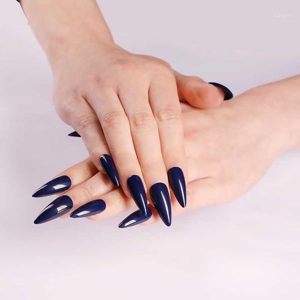 

pcs latest solid color candy long pointed fake nails deek blue j6181, Red;gold