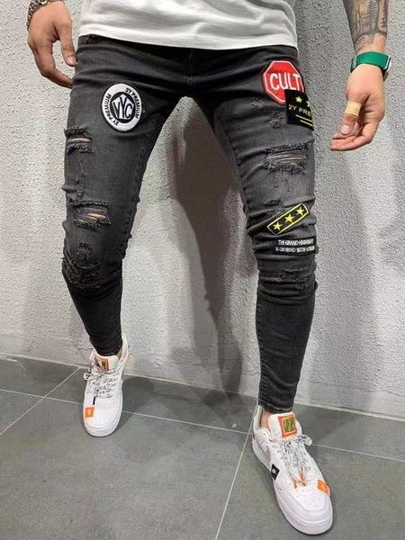 

men's jeans mens designer patches panelled male stretch ny hole pencil pants fashion homme street style 9fi4, Blue