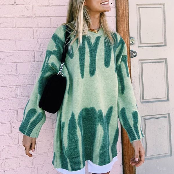

elegant green striped print oversized pullovers sweaters women korean o-neck loose long sweater streetwear warm outerwear 210521, White;black