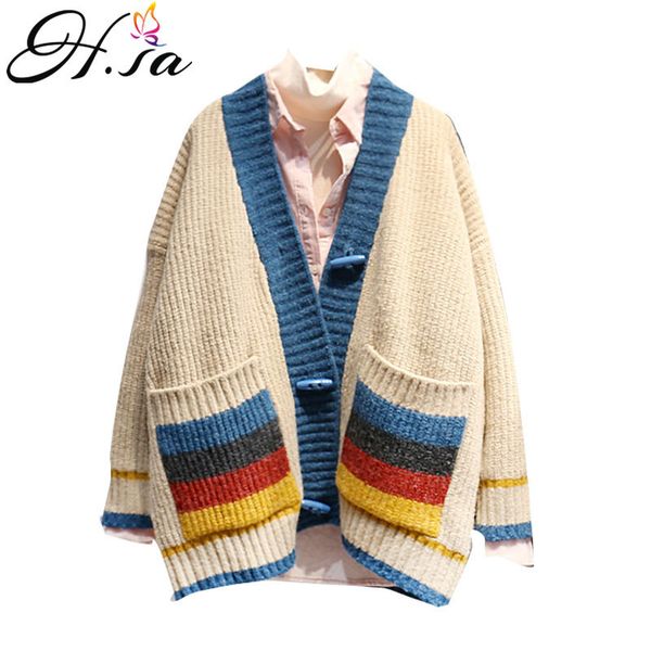 

h.sa women knit cardigans v neck jumpers colorful striped patchwork knitwear loose sweaters button up sweater coat 210417, White;black